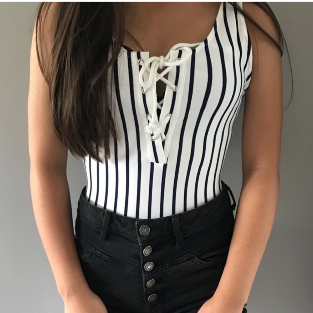 PacSun LA Hearts Striped Lace up Bodysuit